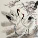 Peinture Grues et fleurs de cerisier par Tayun | Tableau Figuratif Animaux Aquarelle Encre