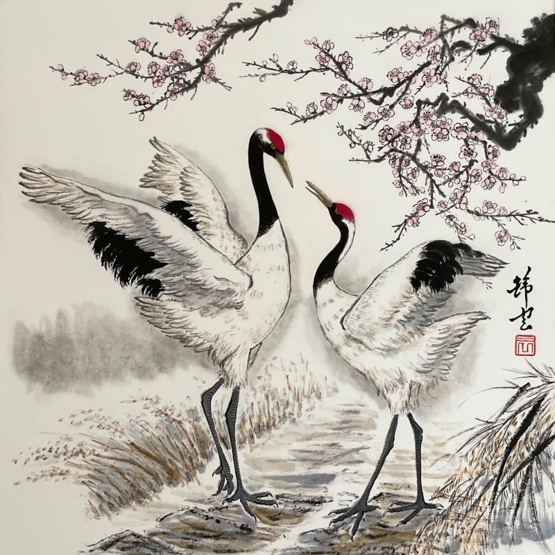 Painting Grues et fleurs de cerisier by Tayun | Painting Figurative Animals Watercolor Ink