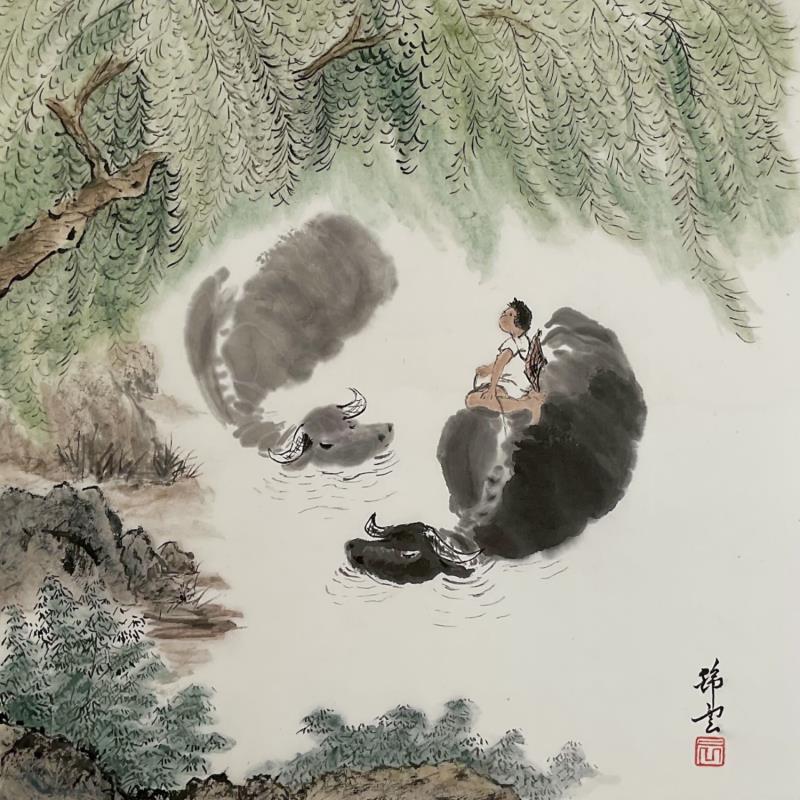 Gemälde Enfants et bœufs von Tayun | Gemälde Figurativ Tiere Aquarell Tinte