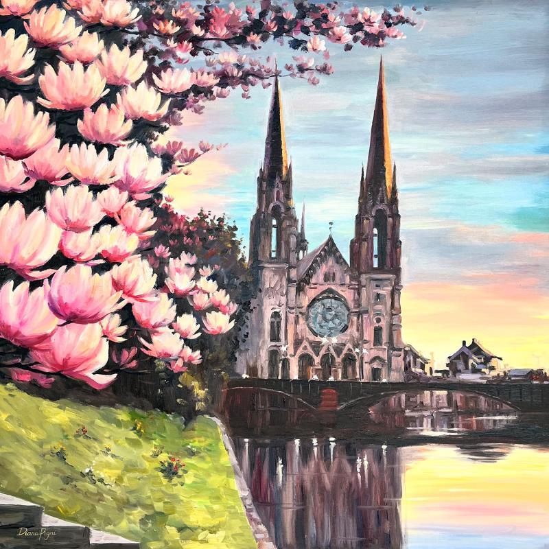 Painting Saint-Paul's church in Strasbourg with magnolias by Pigni Diana | Painting Figurative Landscapes Urban Architecture Oil