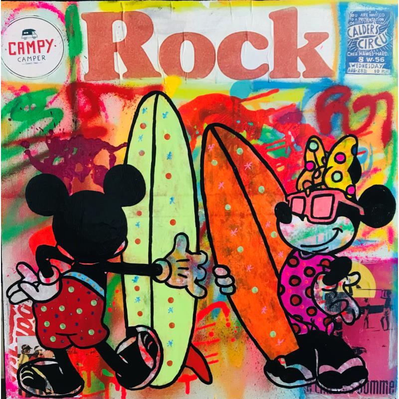 Painting Mickey et minnie surf by Kikayou | Painting Pop-art Pop icons Graffiti Acrylic Gluing