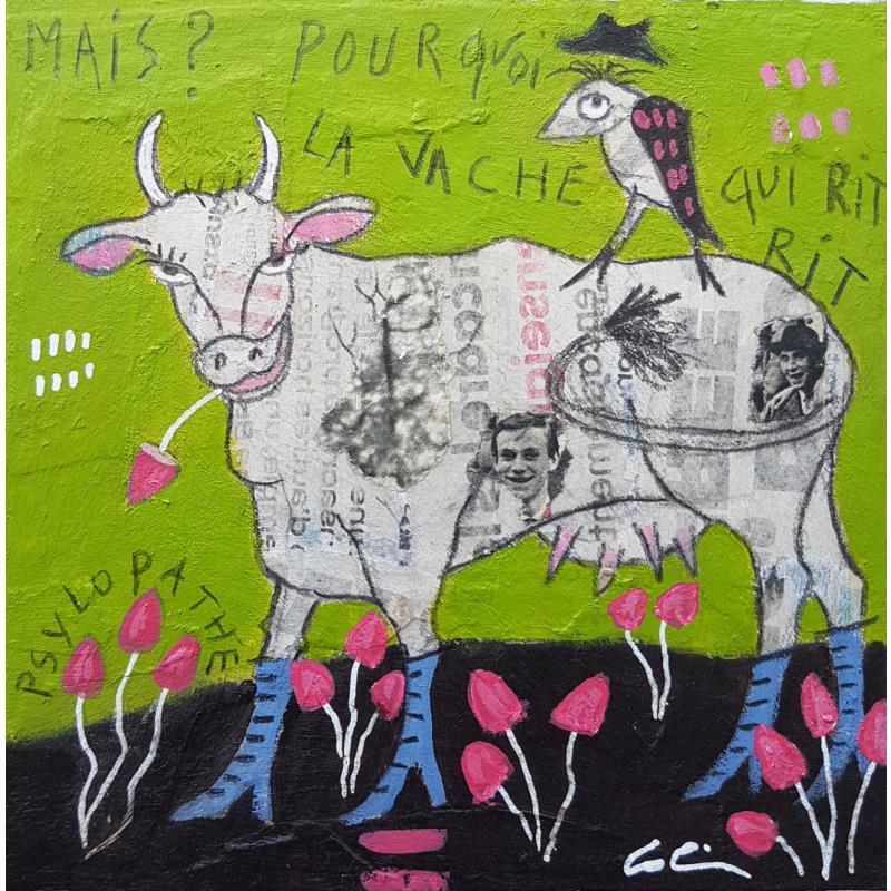 Peinture La vache qui rit par Colin Sylvie | Tableau Art Singulier Acrylique, Collage, Pastel Animaux