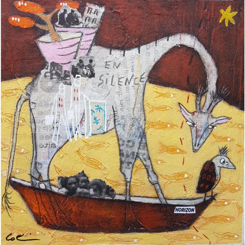 Peinture En silence  par Colin Sylvie | Tableau Art Singulier Animaux Acrylique Collage Pastel