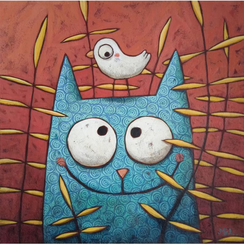 Peinture Quel bleu ce chat par Catoni Melina | Tableau Art naïf Nature Animaux Acrylique