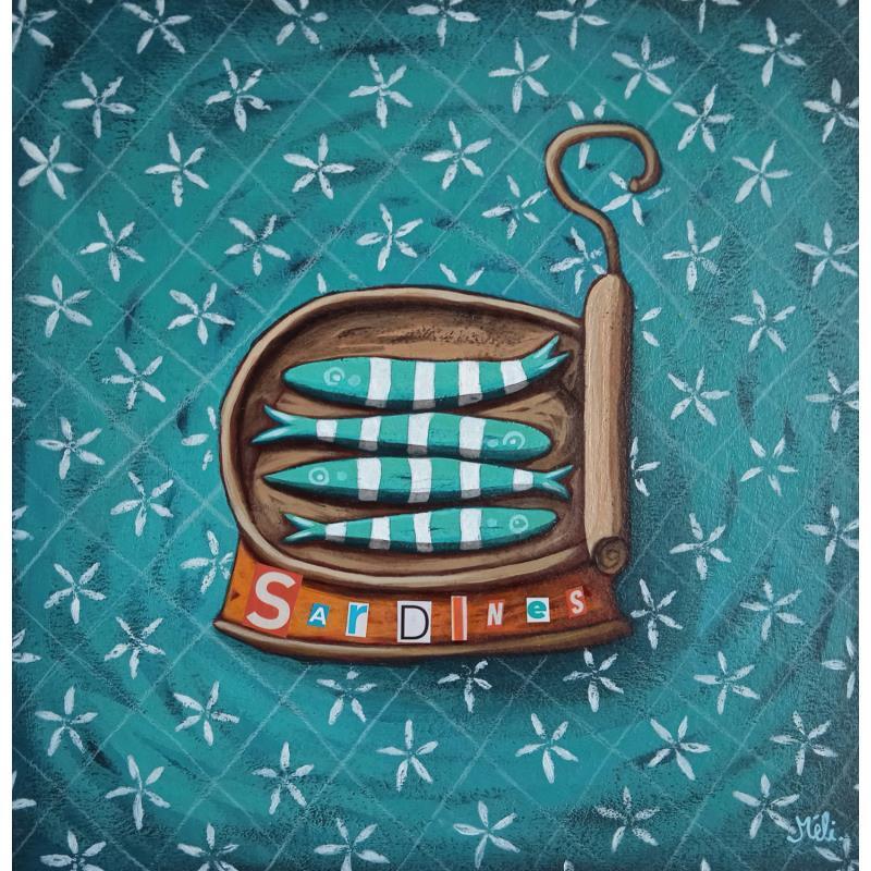 Peinture Bleu de sardines par Catoni Melina | Tableau Art naïf Marine Animaux Natures mortes Acrylique