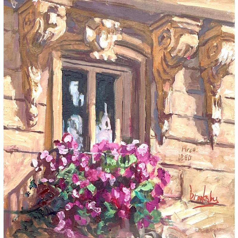 Painting Parisian Window: Flower Power by Brooksby | Painting Figurative Oil Architecture, Landscapes