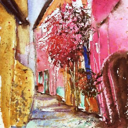Painting Ocre mur et rose bougainvilliers  by Hoffmann Elisabeth | Painting Figurative Watercolor Urban