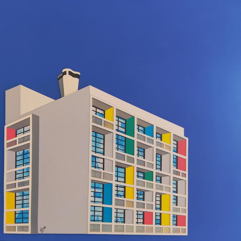 Painting Unite d'habitation le Corbusier - bleu kobalt by Marek | Painting Subject matter Urban Architecture Cardboard Acrylic Gluing Upcycling