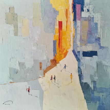 Peinture Promenade matinale par Tomàs | Tableau Abstrait Huile scènes de vie, Urbain
