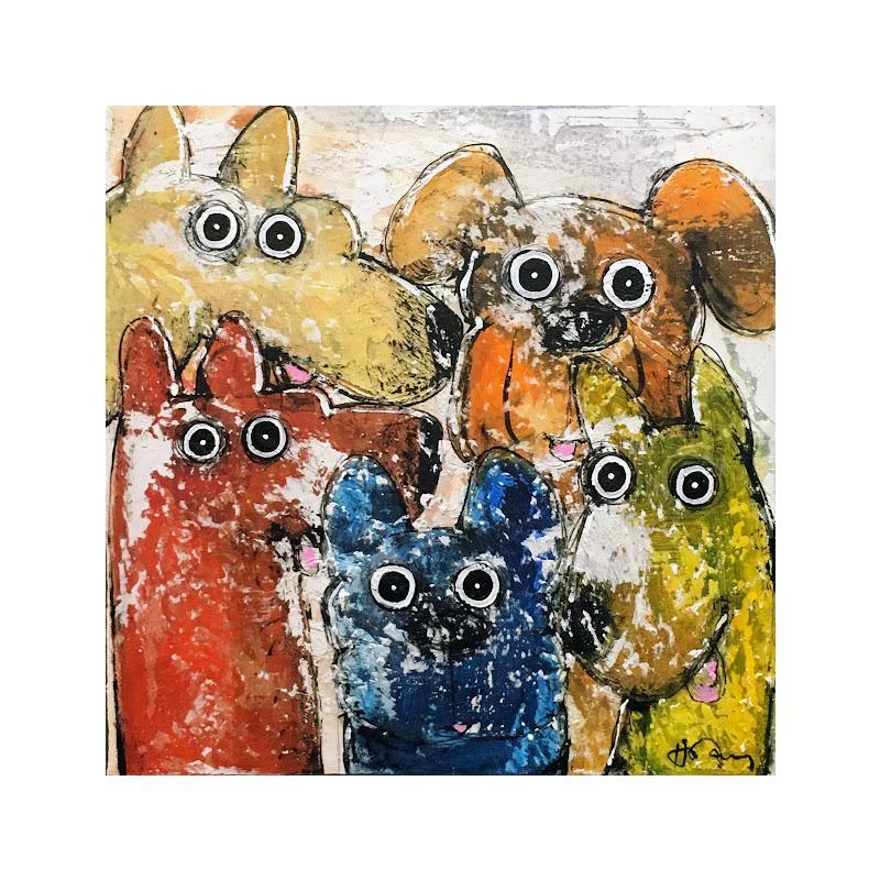 Peinture 5 Dogs par Maury Hervé | Tableau Art Singulier Acrylique, Encre Animaux