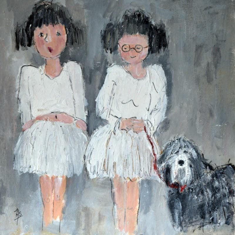 Painting Juliette ,Lise et le chien Hector by Soizeau Françoise | Painting Figurative Life style Acrylic