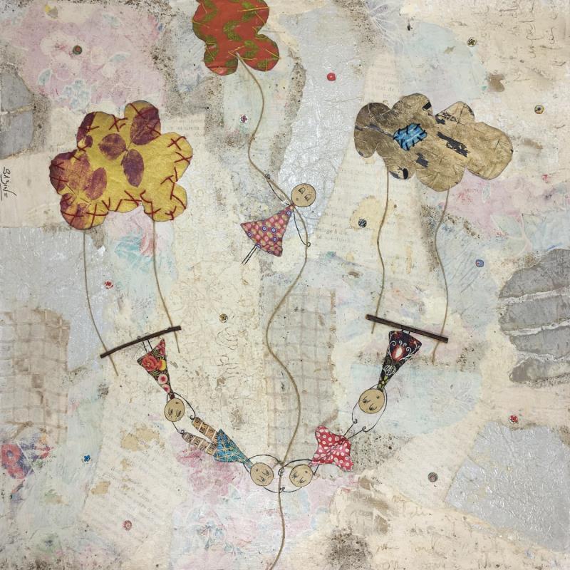 Peinture La tête dans les nuages par Bourdet Sabine | Tableau Art naïf Scènes de vie Acrylique Collage