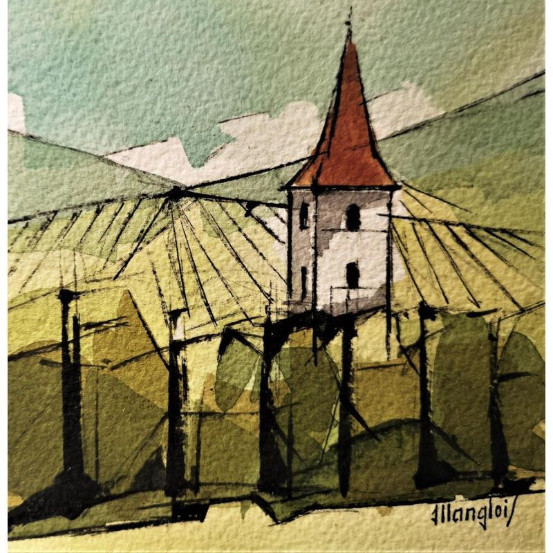 Peinture Eglise dans les vignes 3 par Langlois Jean-Luc | Tableau Figuratif Aquarelle Paysages