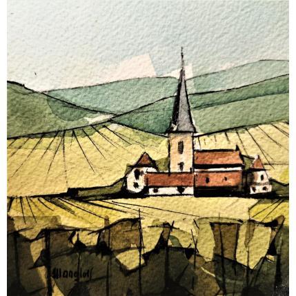 Peinture Eglise dans les vignes 4 par Langlois Jean-Luc | Tableau Figuratif Aquarelle Paysages