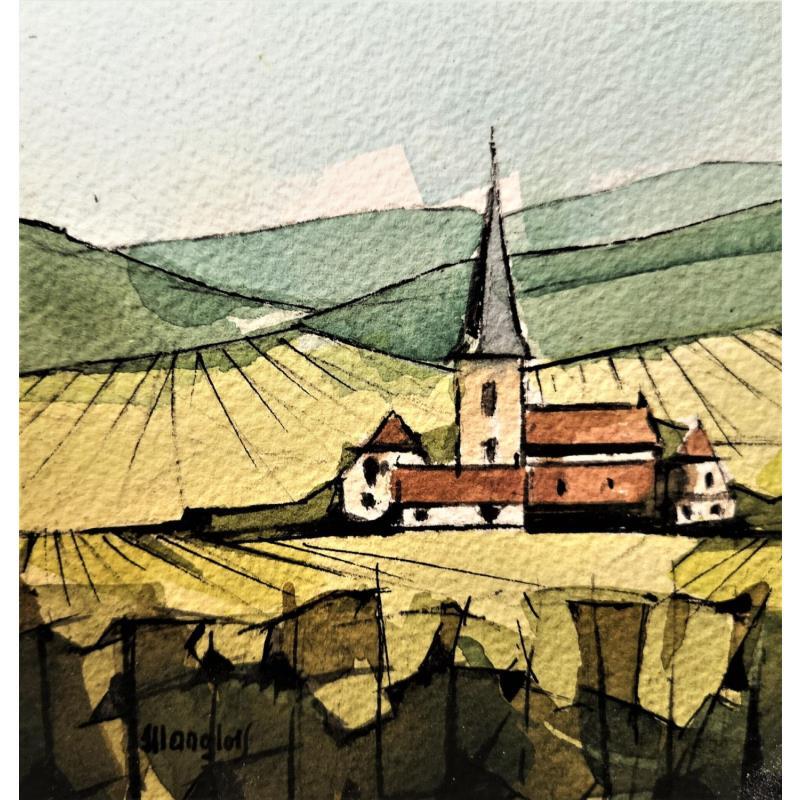 Painting Eglise dans les vignes 4 by Langlois Jean-Luc | Painting Figurative Watercolor Landscapes