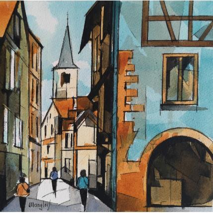 Peinture Maisons alsaciennes clocher par Langlois Jean-Luc | Tableau Figuratif Urbain