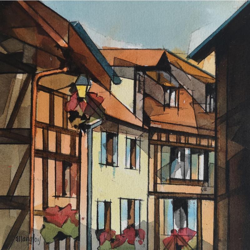 Painting Maisons alsaciennes lanterne by Langlois Jean-Luc | Painting Figurative Urban Watercolor