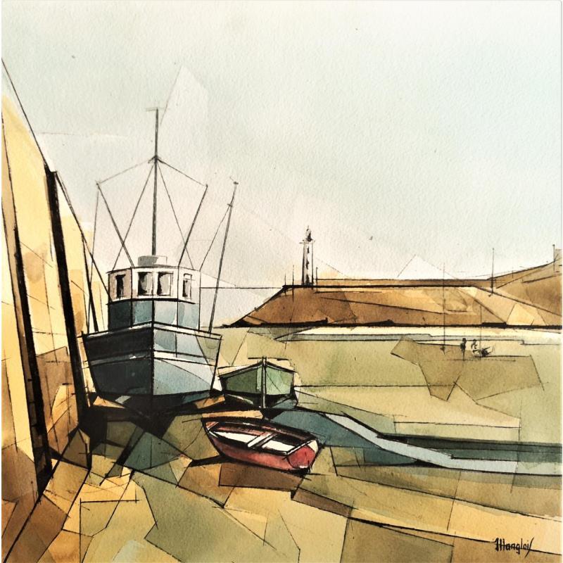 Painting Marée basse dans le port by Langlois Jean-Luc | Painting Figurative Marine Watercolor