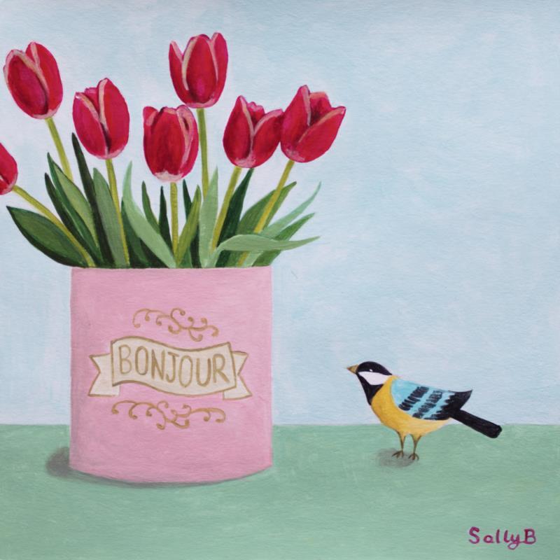 Peinture Bonjour tulipes et oiseau par Sally B | Tableau Art naïf Animaux Acrylique