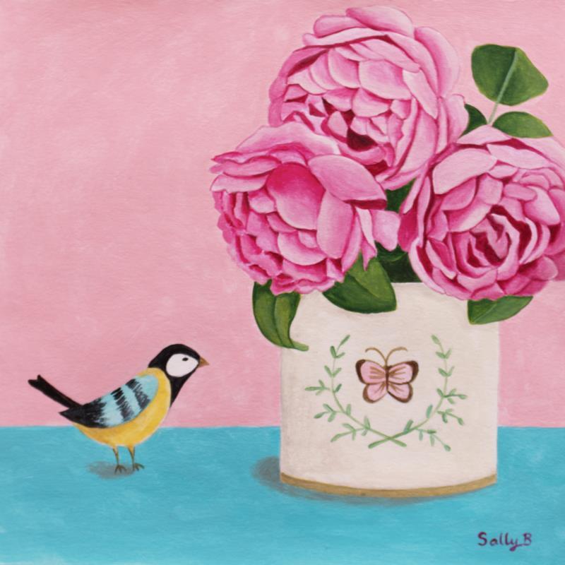 Peinture Oiseau et pivoines par Sally B | Tableau Art naïf Acrylique animaux