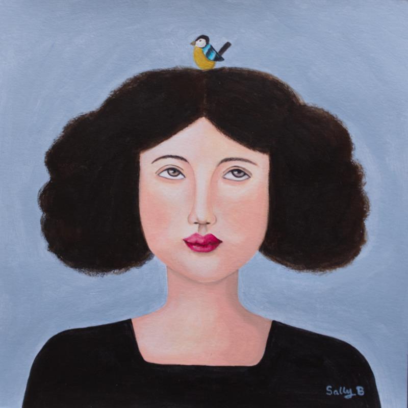 Peinture Femme avec oiseau sur les cheveux par Sally B | Tableau Art naïf Acrylique Portraits