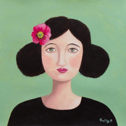 Gemälde Femme avec coquelicot sur cheveux von Sally B | Gemälde Figurativ Acryl Pop-Ikonen, Porträt