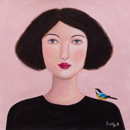 Gemälde Femme avec oiseau sur l'épaule von Sally B | Gemälde Figurativ Acryl Pop-Ikonen, Porträt