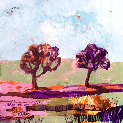 Peinture Ballade dans la prairie orangée  par Bertre Flandrin Marie-Liesse | Tableau Figuratif Acrylique, Collage Nature, Paysages
