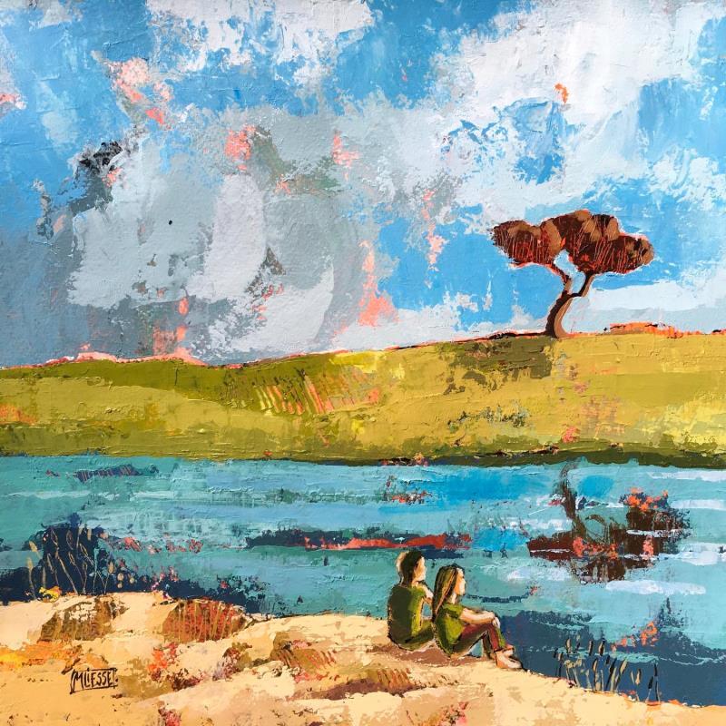 Gemälde Au bord de la rivière  von Bertre Flandrin Marie-Liesse | Gemälde Figurativ Landschaften Natur Acryl Collage
