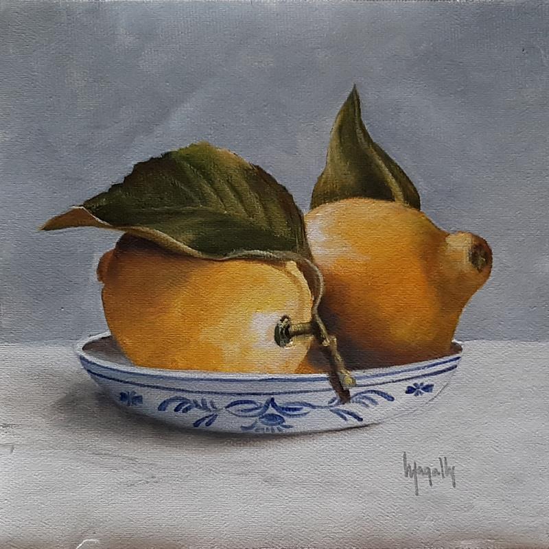 Painting Two Lemons in a Plate by Gouveia Magaly  | Painting Figurative Oil Pop icons, Still-life