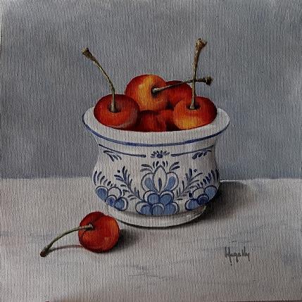 Gemälde Mini DelftPot with Cherries von Gouveia Magaly  | Gemälde Figurativ Öl Stillleben