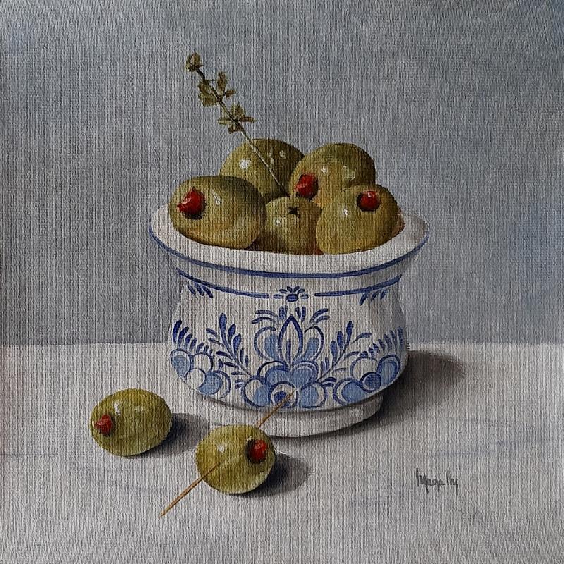 Painting Mini DelftPot with Olives by Gouveia Magaly  | Painting Figurative Still-life Oil