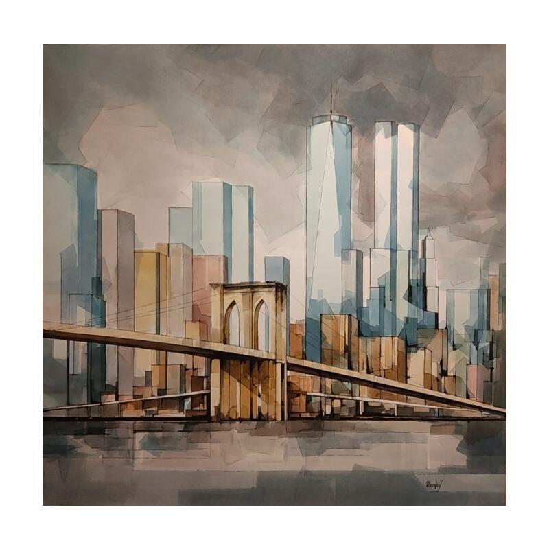 Painting BROOKLYN by Langlois Jean-Luc | Painting Figurative Watercolor Architecture, Urban