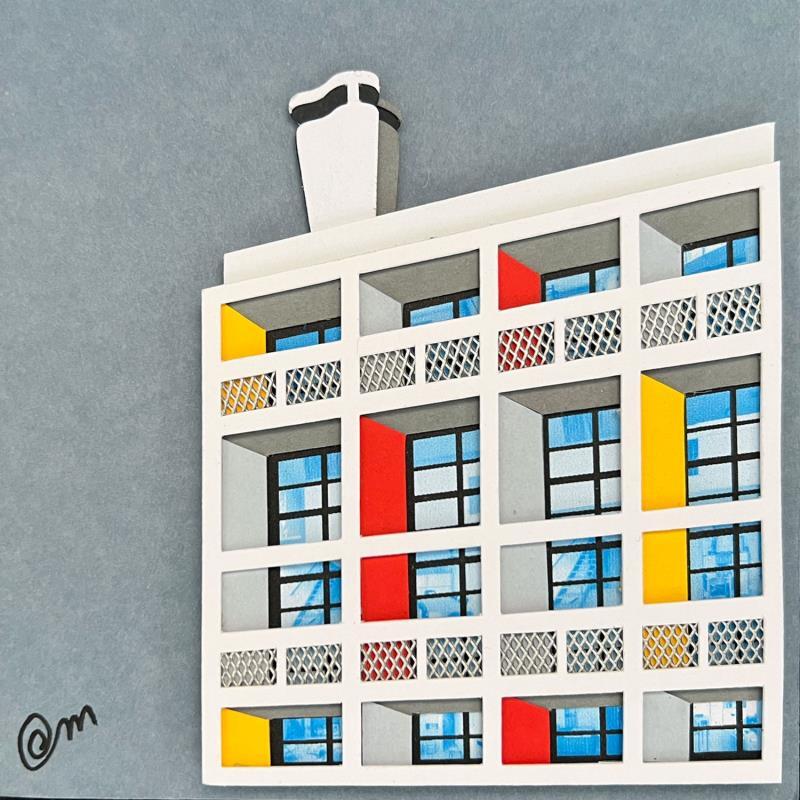 Painting Unité d'habitation inspiration Corbusier - Rouge et Jaune by Marek | Painting Subject matter Acrylic, Cardboard, Gluing, Upcycling Architecture, Urban