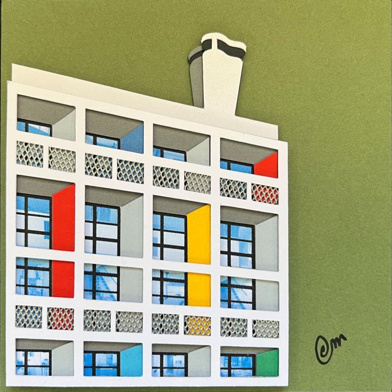 Painting Unité d'habitation inspiration Corbusier - Jaune Kaki by Marek | Painting Subject matter Acrylic, Cardboard, Gluing, Upcycling Architecture, Urban