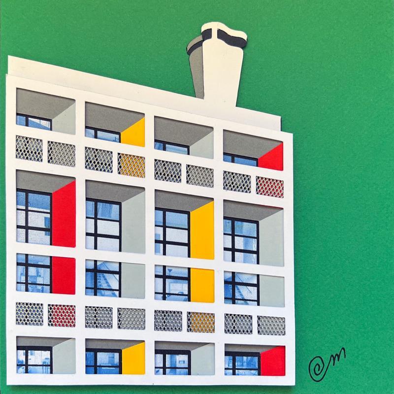 Peinture Unité d'habitation inspiration Corbusier - Fond vert par Marek | Tableau Matiérisme Urbain Architecture Carton Acrylique Collage Upcycling