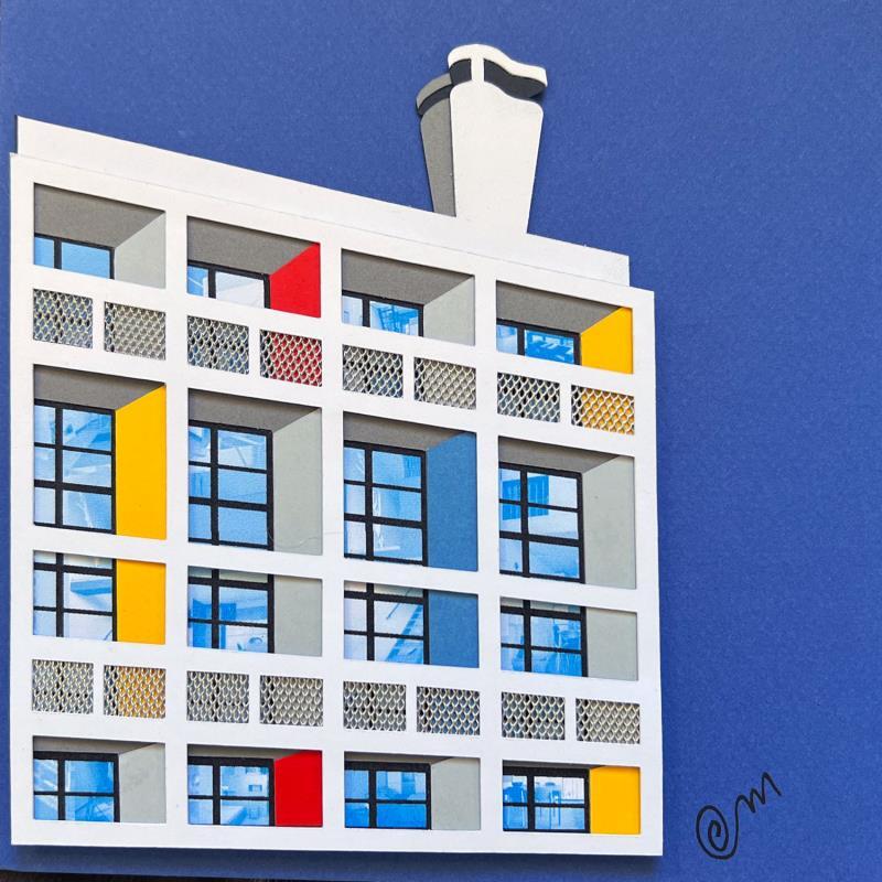 Peinture Unité d'habitation inspiration Corbusier - Fond bleu roi par Marek | Tableau Matiérisme Urbain Architecture Carton Acrylique Collage Upcycling
