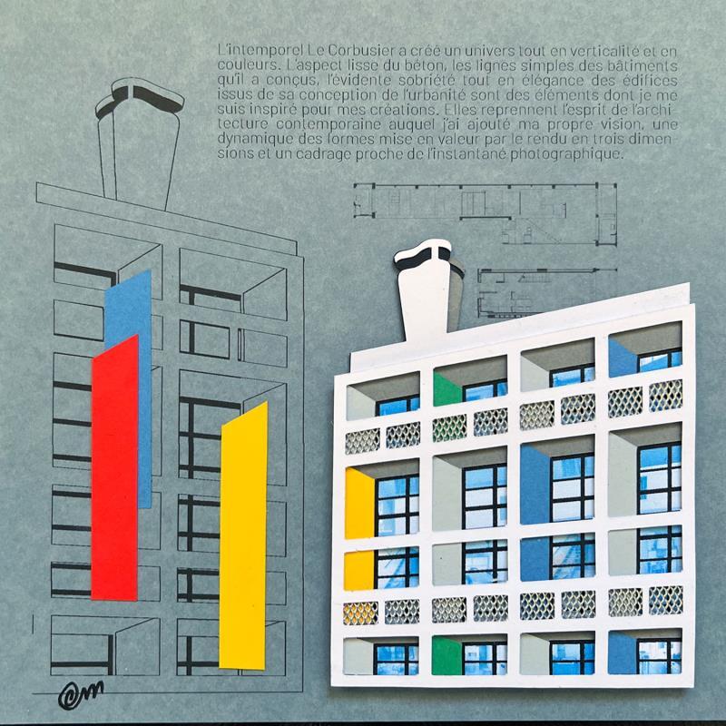 Peinture Unité d'habitation hommage Corbusier - Fond gris bleu par Marek | Tableau Matiérisme Acrylique, Carton, Collage, Upcycling Architecture, Urbain