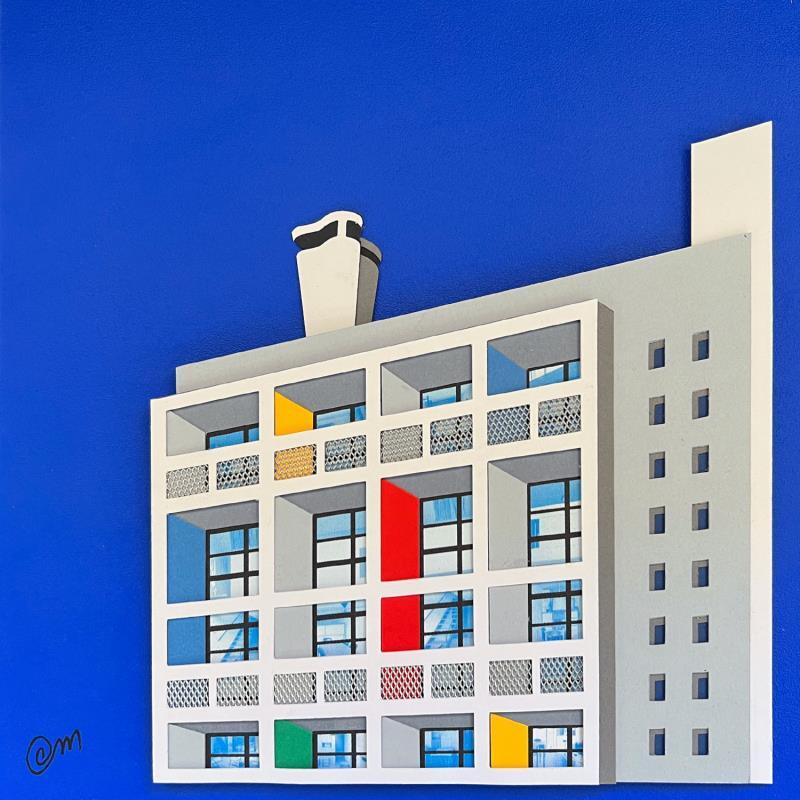Painting Unité d'habitation inspiration Corbusier - Fond bleu de Cobalt by Marek | Painting Subject matter Urban Architecture Cardboard Acrylic Gluing Upcycling