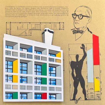 Peinture Unité d'habitation hommage Corbusier - Fond papier kraft par Marek | Tableau Matiérisme Acrylique, Carton, Collage, Upcycling Architecture, Urbain
