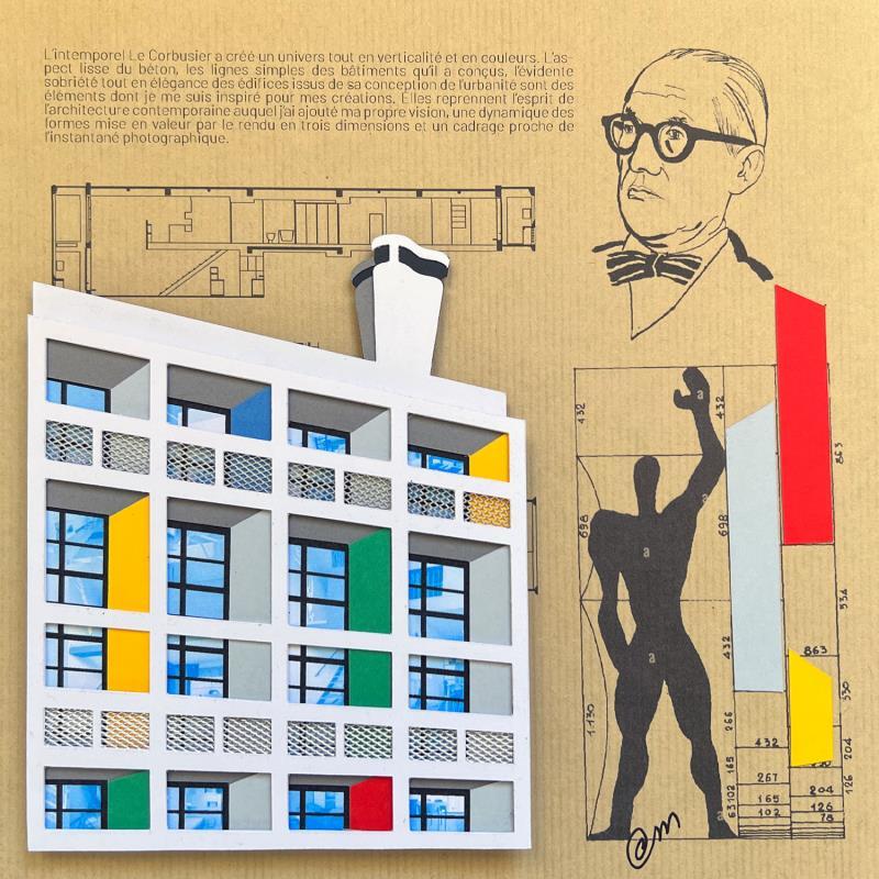 Peinture Unité d'habitation hommage Corbusier - Fond papier kraft par Marek | Tableau Matiérisme Urbain Architecture Carton Acrylique Collage Upcycling