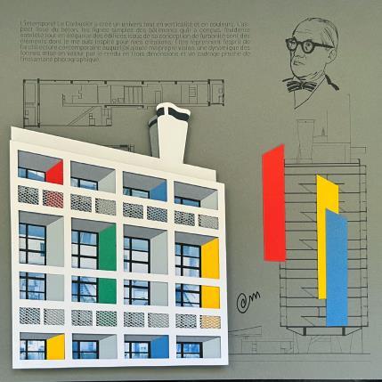 Peinture Unité d'habitation hommage Corbusier - Fond gris vert par Marek | Tableau Matiérisme Acrylique, Carton, Collage, Upcycling Architecture, Urbain
