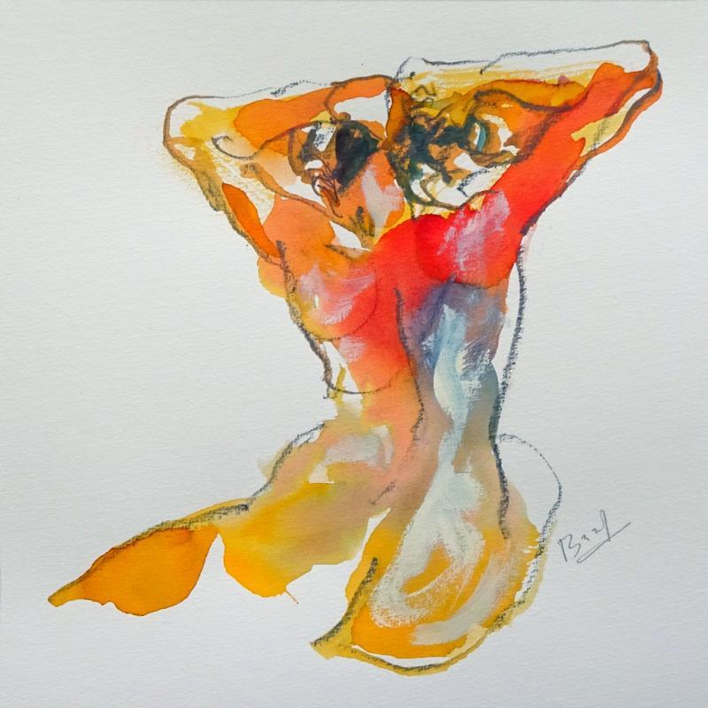 Painting Méline mains derrière la tête by Brunel Sébastien | Painting Figurative Nude Watercolor