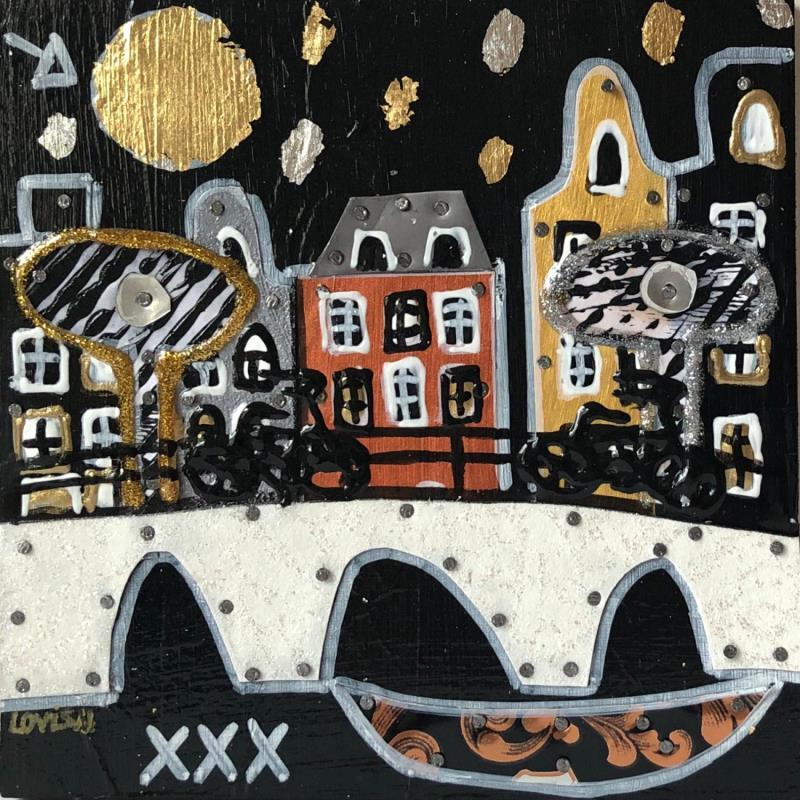Painting Raining 2 by Lovisa | Painting Figurative Acrylic, Gluing, Gold leaf, Metal, Posca, Silver leaf, Upcycling Urban