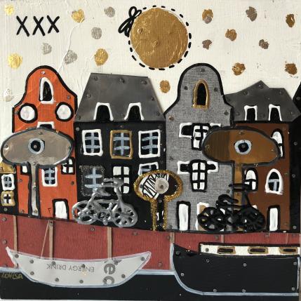 Peinture December in Amsterdam 3 par Lovisa | Tableau Figuratif Acrylique, Bois, Collage, Feuille d'argent, Feuille d'or, Métal, Posca, Upcycling Urbain