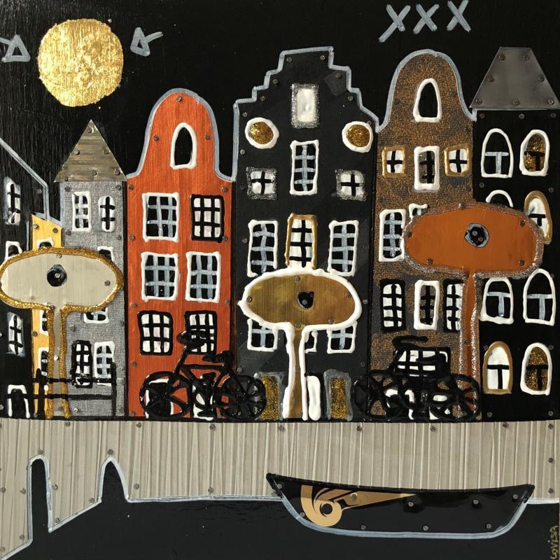 Painting Amsterdam Nightlife 2 by Lovisa | Painting Figurative Acrylic, Gluing, Gold leaf, Metal, Posca, Upcycling, Wood Urban
