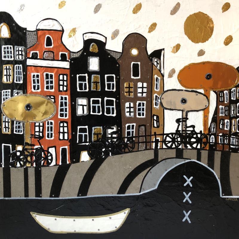 Painting Christmas Week-end in Amsterdam 2 by Lovisa | Painting Figurative Acrylic, Gluing, Gold leaf, Posca, Silver leaf, Textile, Upcycling, Wood Urban