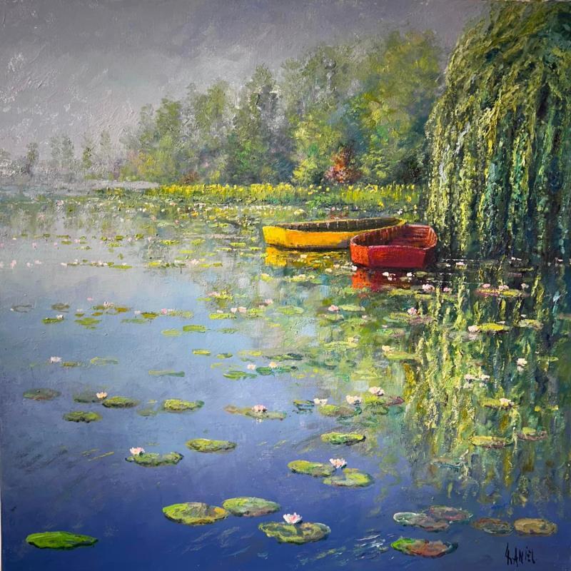 Peinture Les barques rouge et jaune par Daniel | Tableau Impressionnisme Huile Paysages