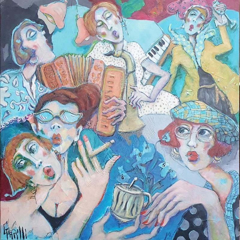 Painting Swing evening at a Blue Lagoon by Garilli Nicole | Painting Figurative Acrylic, Charcoal Life style, Music