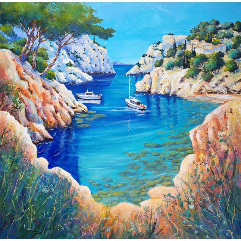 Painting Calanque et rêverie by Sabourin Nathalie | Painting Figurative Oil Landscapes, Marine